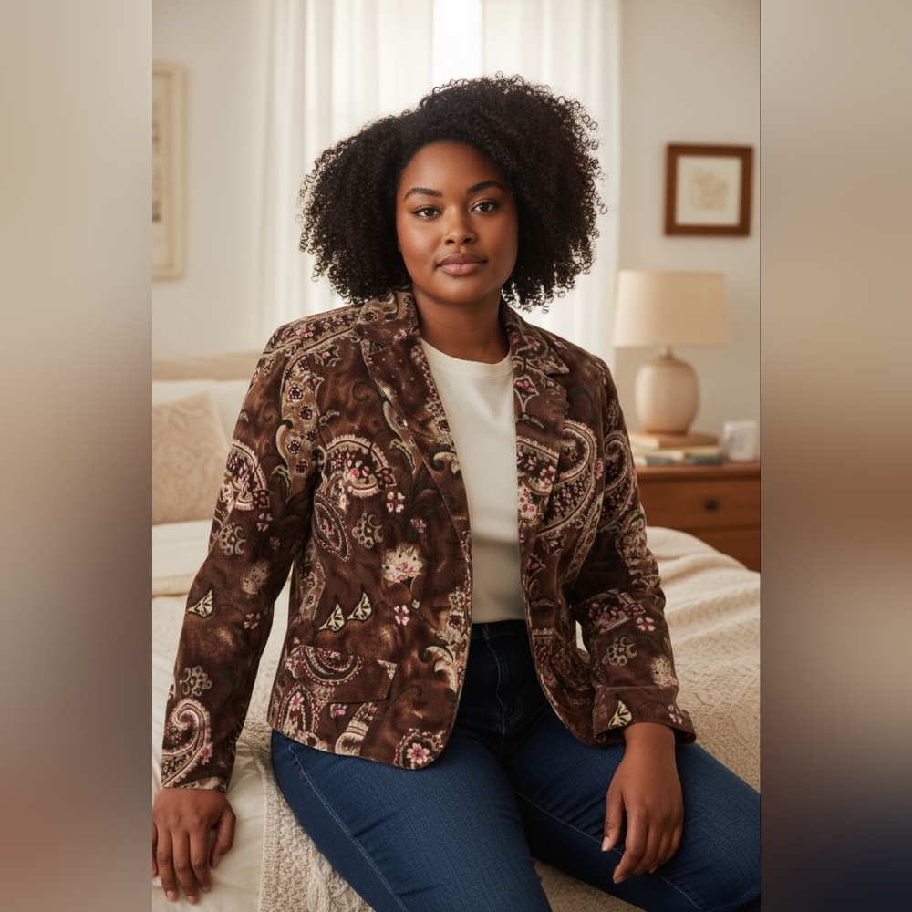 Vintage Larry Levine Woman 18W Brown Paisley Corduroy Blazer Jacket Stretch - Picture 2 of 15